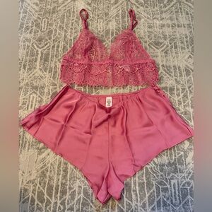 Lace Bralette and Satin Shorts Set - Pink